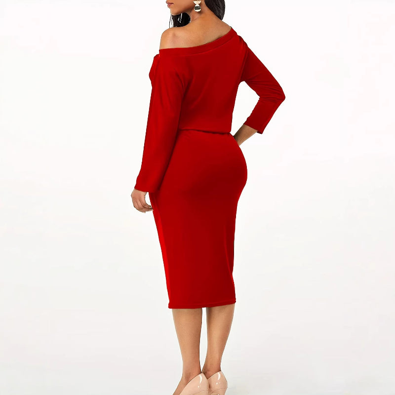 Zulu Boutique Red Bodycon Midi Dress - Off-Shoulder Long Sleeve Design