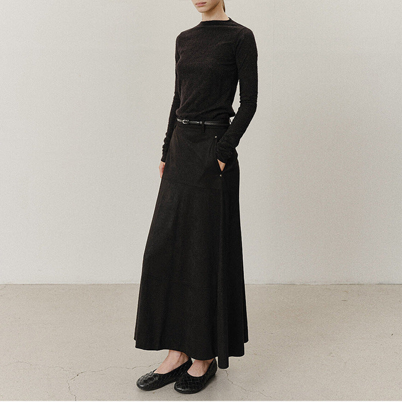 Zulu Boutique A-Line Midi Skirt - High-Waisted Retro Suede Velvet Workwear Design