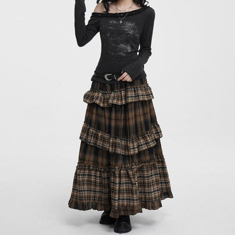 Zulu Boutique Asymmetric Plaid Ruffle Skirt - Vintage Patchwork Pattern, Long A-Line Fit