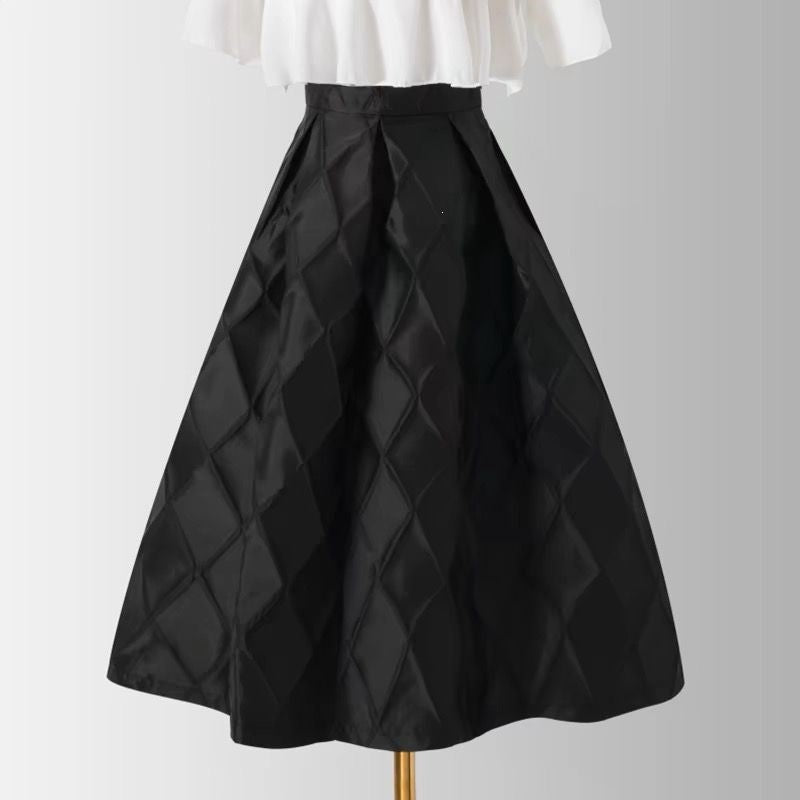 Zulu Boutique Black Diamond Pattern High-Waisted Puffy A-Line Skirt