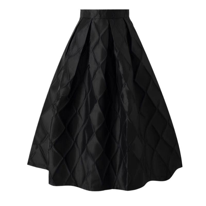Zulu Boutique Black Linen A-Line Skirt – High-Waisted Diamond Pattern