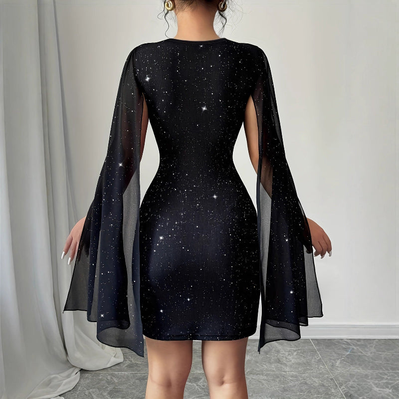 Zulu Boutique Black Sequin Bodycon Dress - V-Neck, Wide Sleeves, Rhinestone Detail