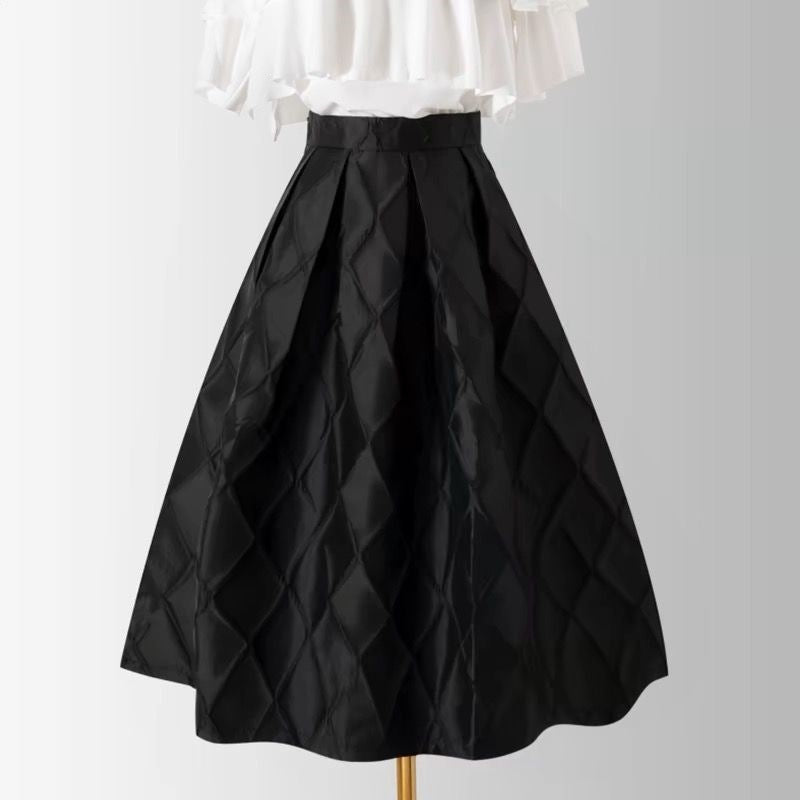 Zulu Boutique High-Waisted A-Line Skirt – Black Diamond Pattern Linen