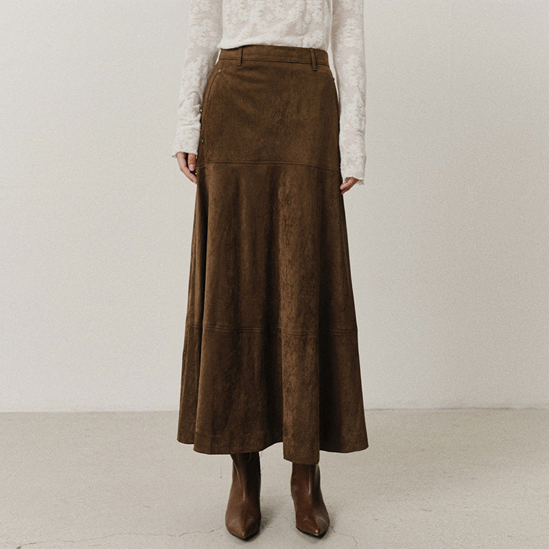 Zulu Boutique High-Waisted Retro A-Line Midi Skirt - Suede Velvet Workwear Style