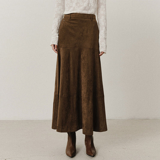 Zulu Boutique High-Waisted Retro A-Line Midi Skirt - Suede Velvet Workwear Style
