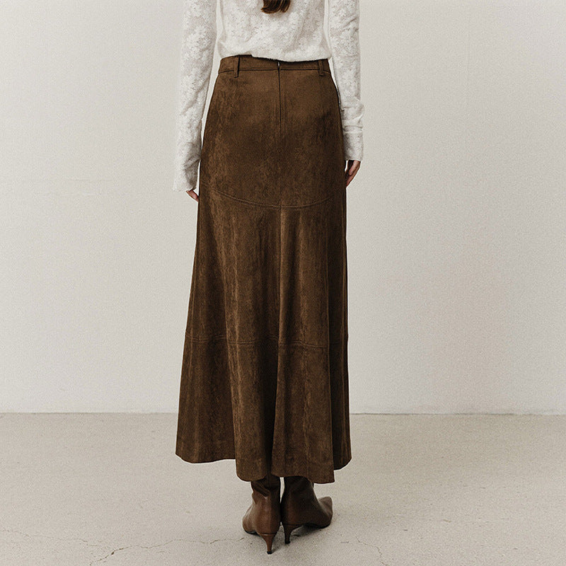 Zulu Boutique High-Waisted Suede Velvet Skirt - Retro A-Line Midi Workwear Style