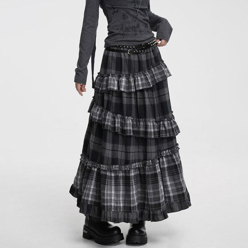 Zulu Boutique Long Asymmetric A-Line Skirt - Vintage Plaid Patchwork with Ruffle Detail