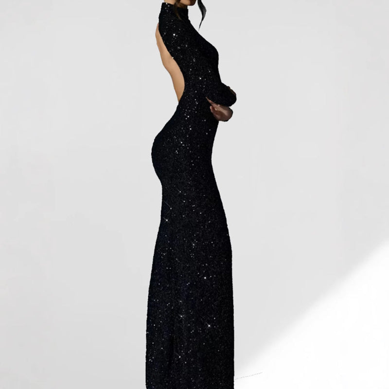 Zulu Boutique Mock-Neck Sequin Dress - Long Sleeve Bodycon Fit with Slit