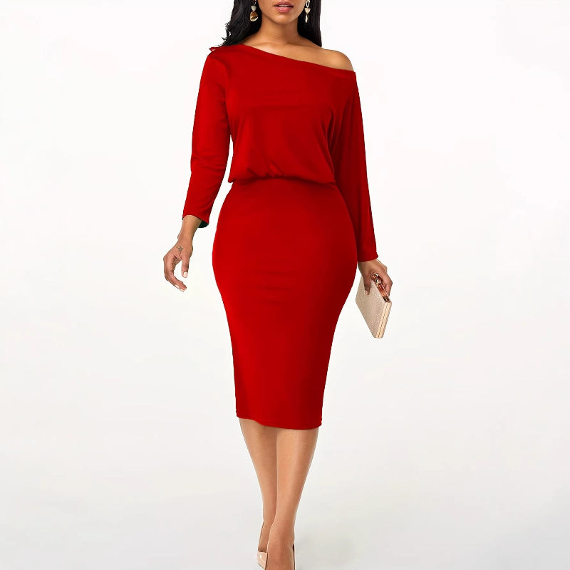Zulu Boutique Off-Shoulder Bodycon Midi Dress - Long Sleeve, Red