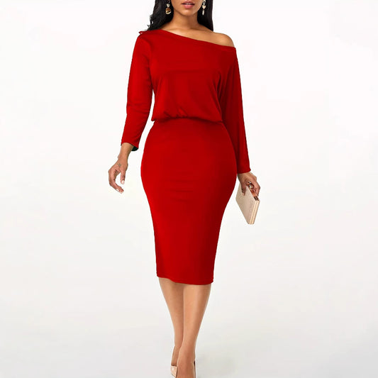 Zulu Boutique Off-Shoulder Bodycon Midi Dress - Long Sleeve, Red