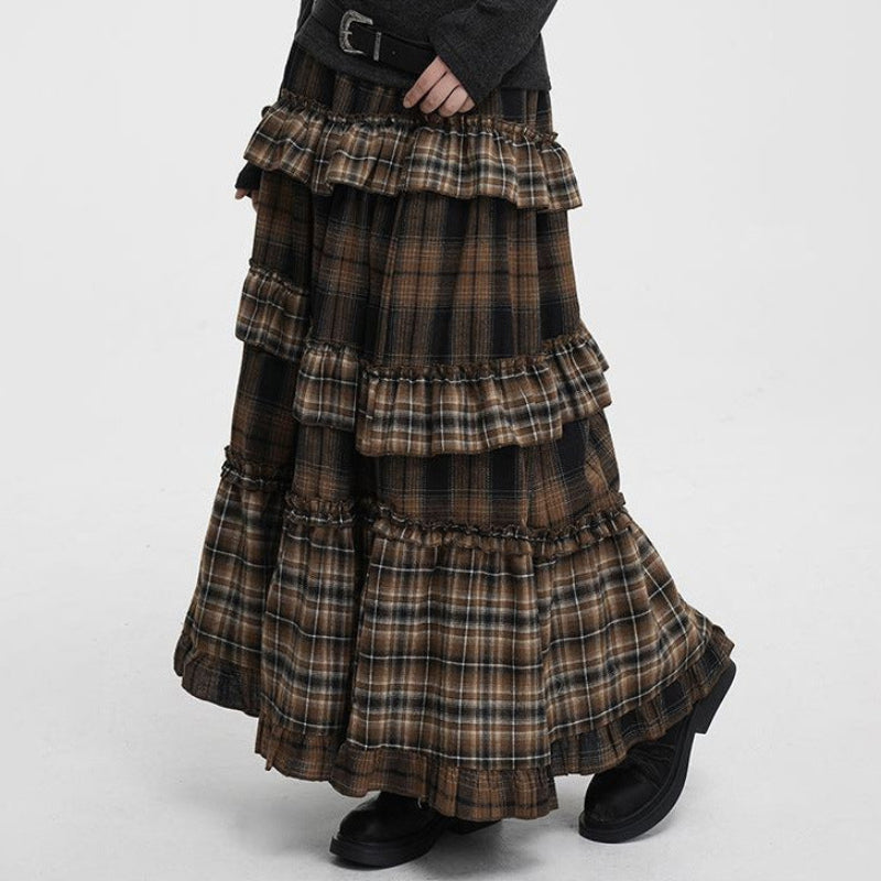 Zulu Boutique Plaid Patchwork A-Line Skirt - Retro Long Skirt with Asymmetric Ruffle Trim