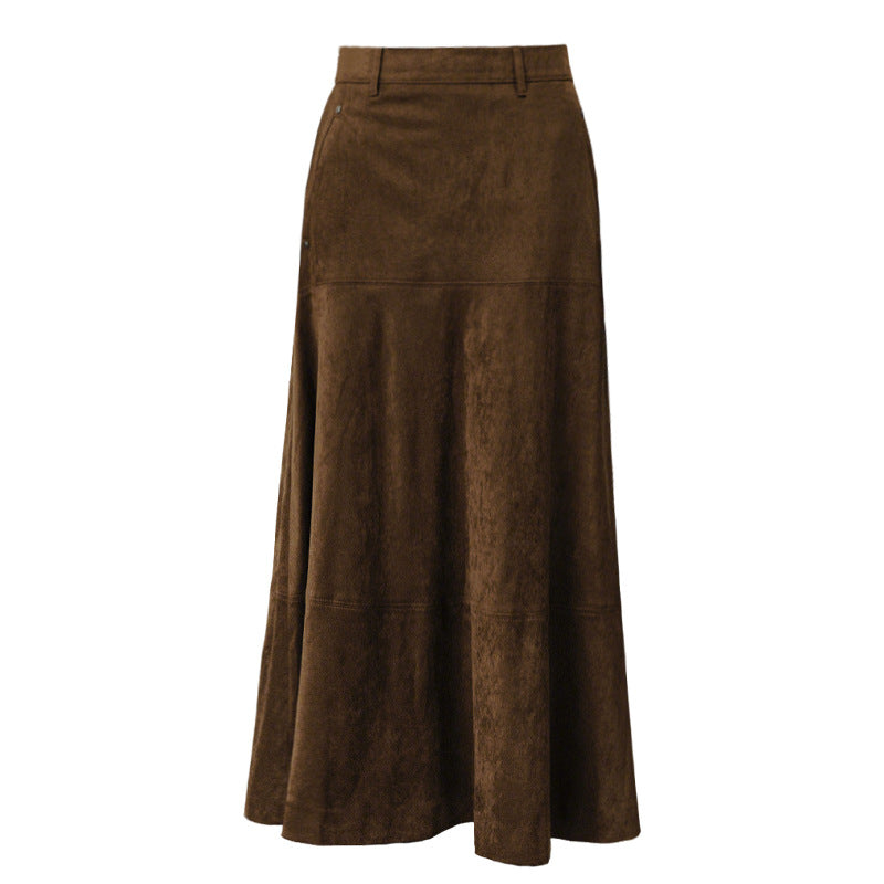 Zulu Boutique Retro High-Waisted Midi Skirt - A-Line Suede Velvet Workwear Design