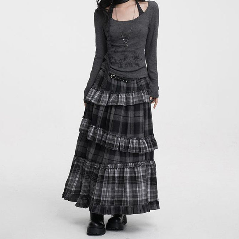 Zulu Boutique Retro Patchwork Plaid Skirt - Long A-Line Silhouette with Ruffle Trim