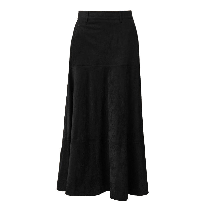 Zulu Boutique Retro Suede Velvet Midi Skirt - High-Waisted A-Line Workwear Design