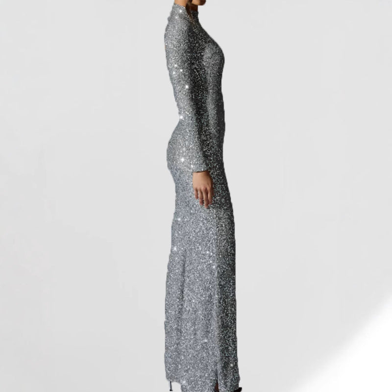 Zulu Boutique Sequin Mock-Neck Bodycon Dress - Long Sleeve, Side Slit