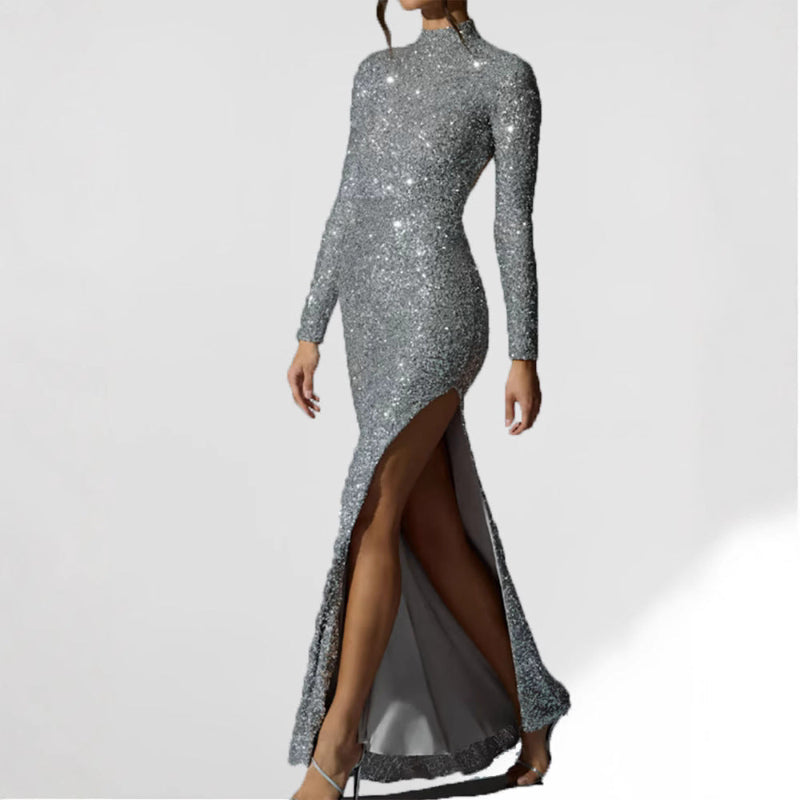 Zulu Boutique Sequined Bodycon Dress - Mock Neck, Long Sleeve, Slit Detail