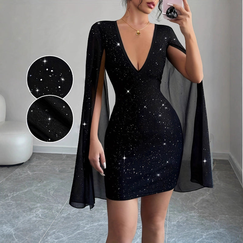 Zulu Boutique V-Neck Sequin Bodycon Midi Dress - Wide Sleeves, Rhinestone Detail, Black