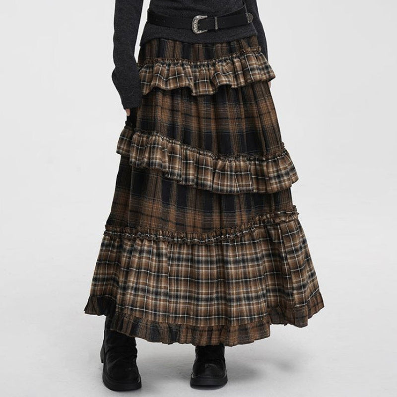 Zulu Boutique Vintage Plaid Patchwork Skirt - Asymmetric Ruffle Trim, Long A-Line Style